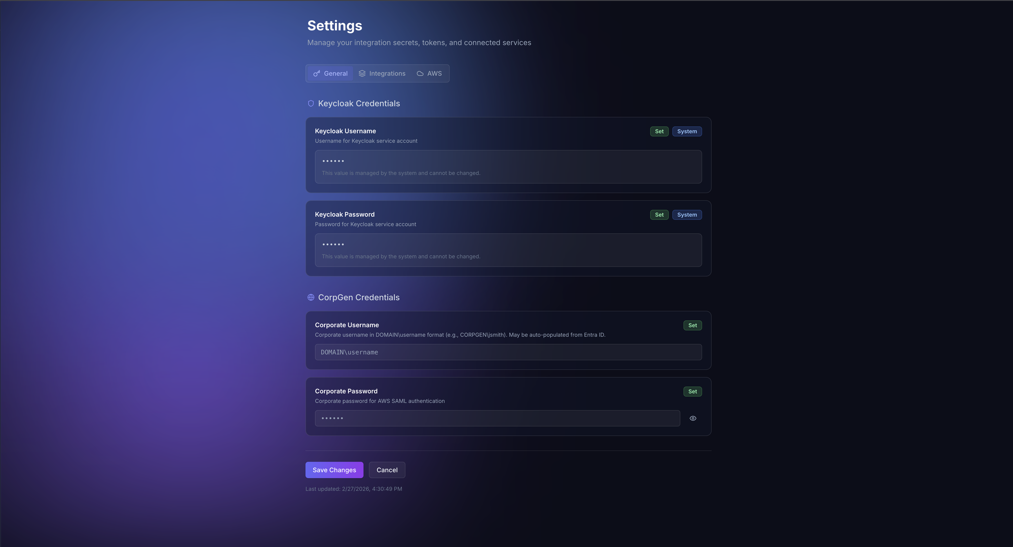 TARS Settings - Credentials